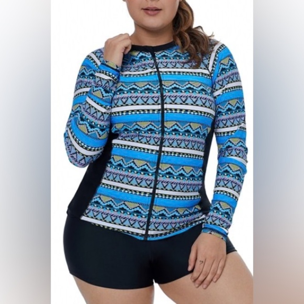 Nwot Modeshe Blue Tribal Rashguard Swim Top Xl Zip Front Long Sleeve Shelf Bra